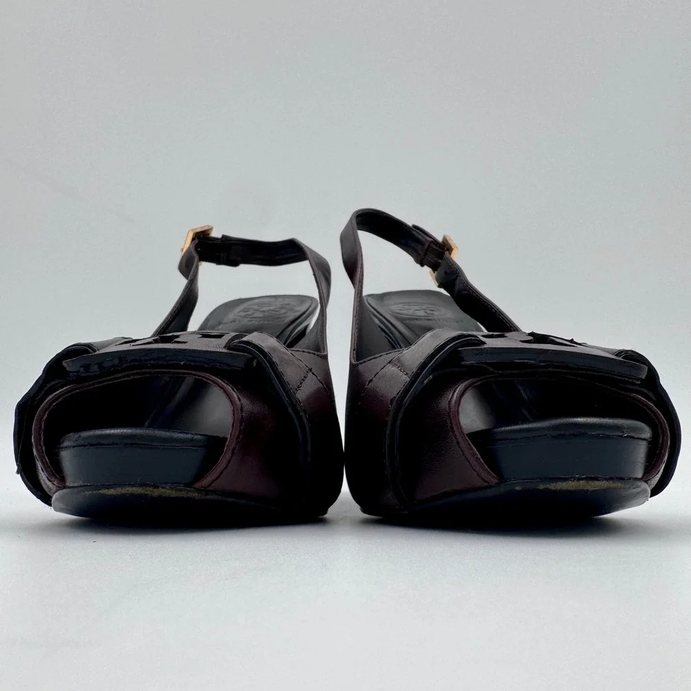 Tory Burch Dark Brown Leather Peep Toe 8M Slingback Block Heel Pumps